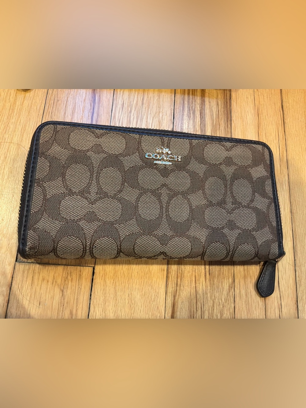 Coach Brown Signature Zip-Around Wallet with Dark Trim